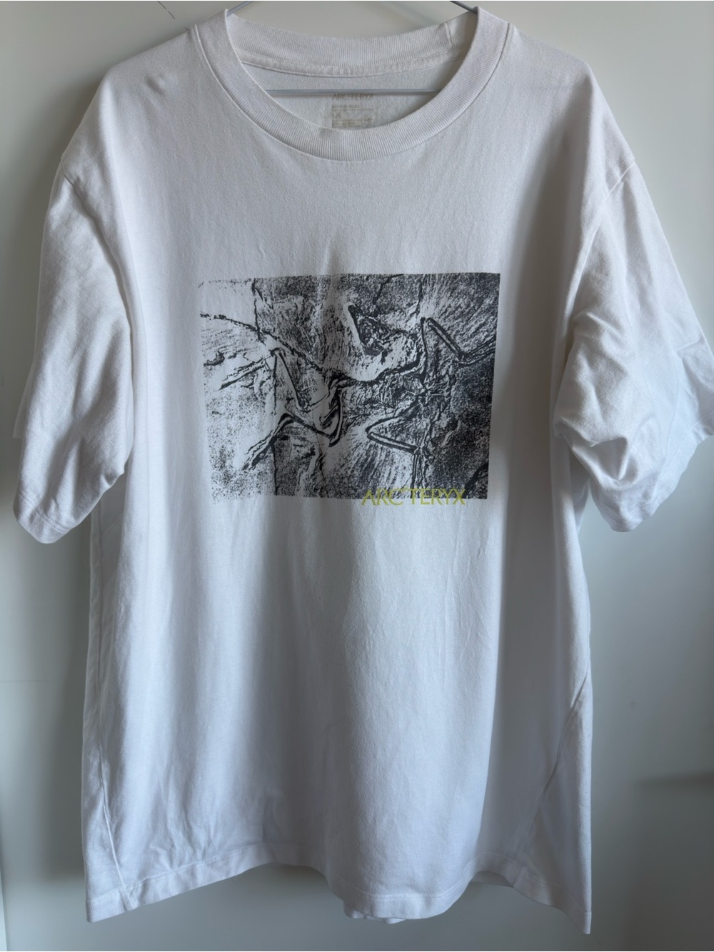 Arc'teryx White Short-Sleeve Tee with Black Graphic and Yellow Logo